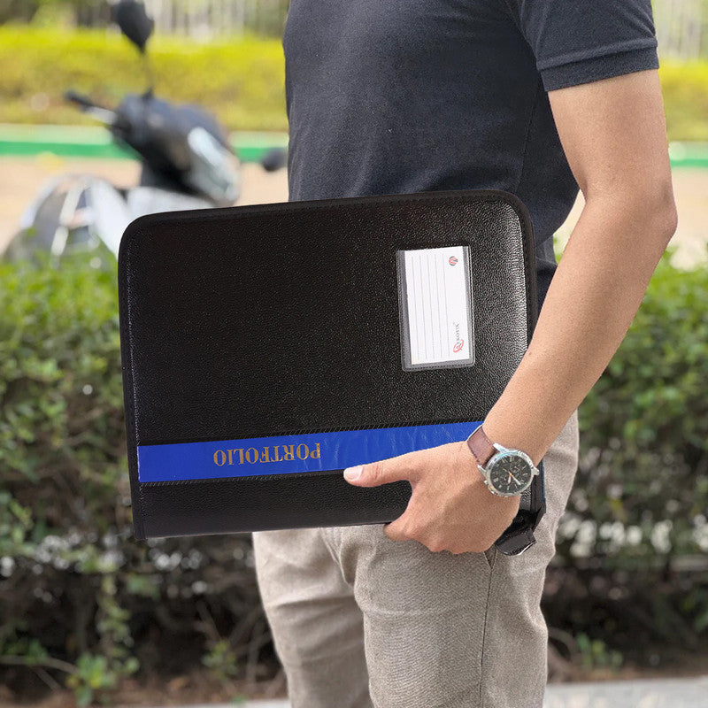 Wukusy Aerotix A4 portfolio file zipper with 20 leaves, professional document organizer folder, open showing interior compartments.