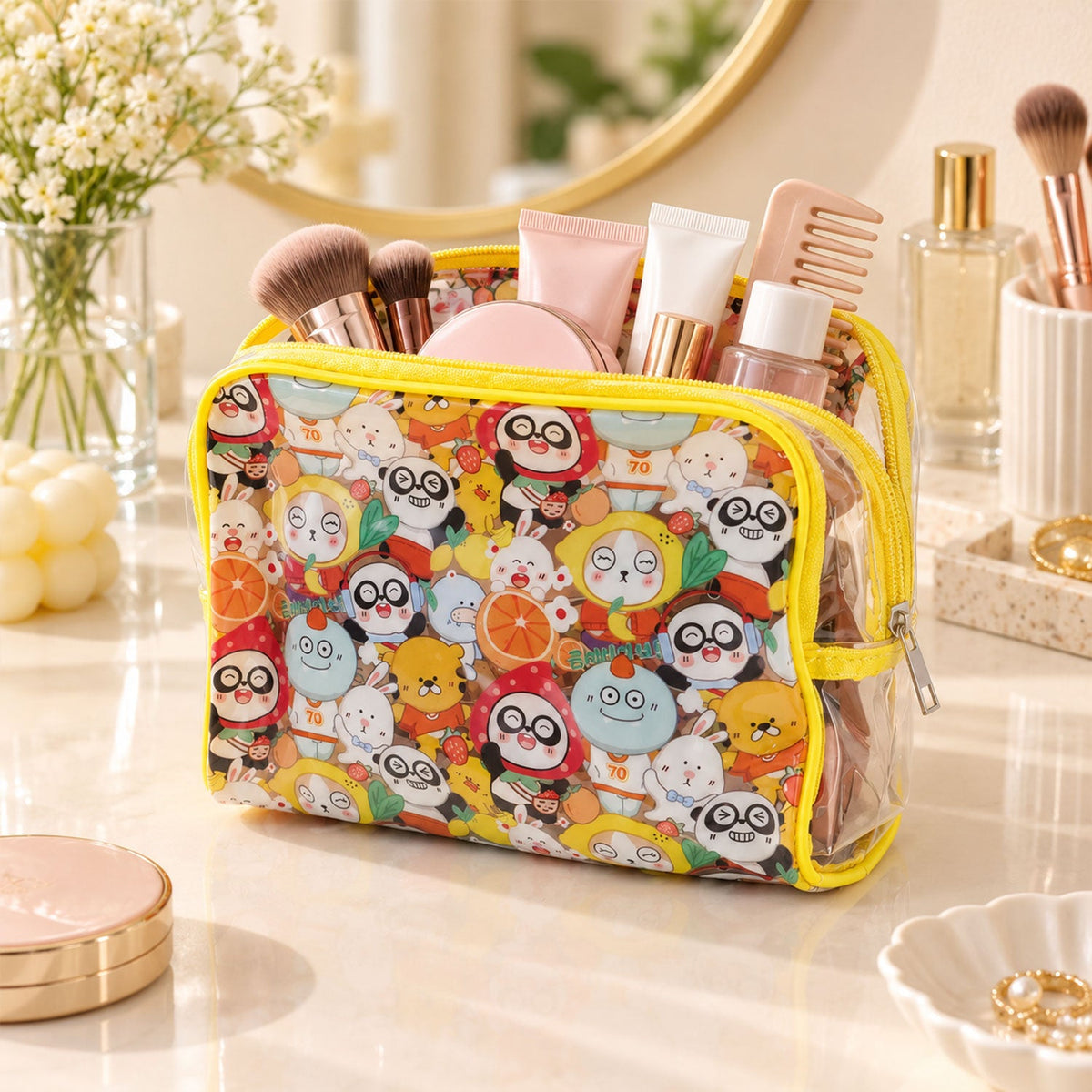 Wukusy multipurpose PVC cosmetic pouch with cartoon print and zip sections for travel storage, durable and lightweight.
