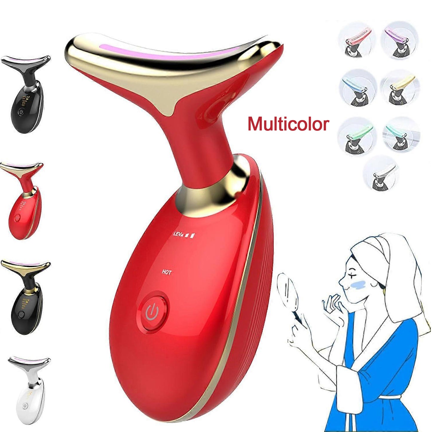 Wukusy electric face massager with LED photon therapy for wrinkle removal and skin rejuvenation, shown in use on a beauty model.
