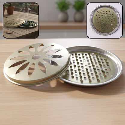 Wukusy 2-in-1 metal mosquito coil stand and incense burner, 15x15 cm, shown with mosquito coils and incense inside the stand.