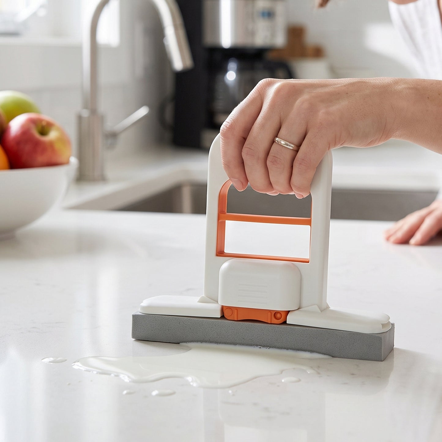 Wukusy handheld mini sponge mop for kitchen counters and glass cleaning, featuring a compact design with a squeeze cleaner mechanism.