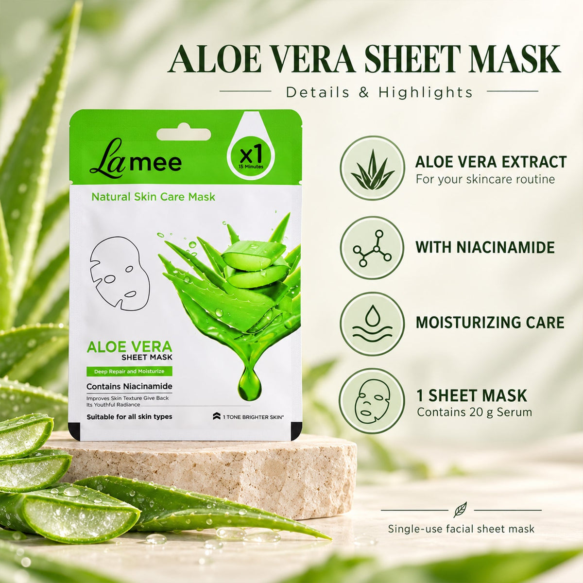 Wukusy Aloe Vera facial sheet mask with niacinamide for moisturizing skin care, showing the sheet mask on a person's face.