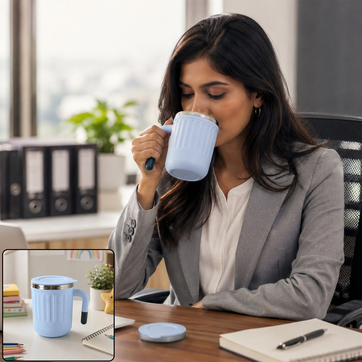 Wukusy Apex Office Mug 400ml with handle, lid, and steel rim, ceramic coffee mug for office use, shown with handle and closed lid.