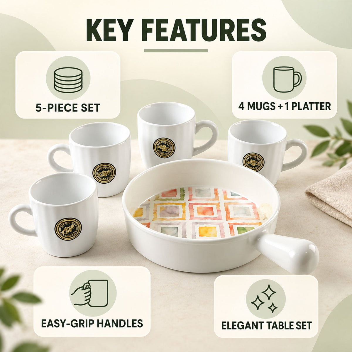 Wukusy ceramic tea and snack serving set with 5 cups and platters, ideal for home tea, coffee, and snack serving.