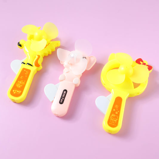 Mini portable cartoon fan toy by Wukusy, featuring a colorful hand press design and playful mixed color accents.