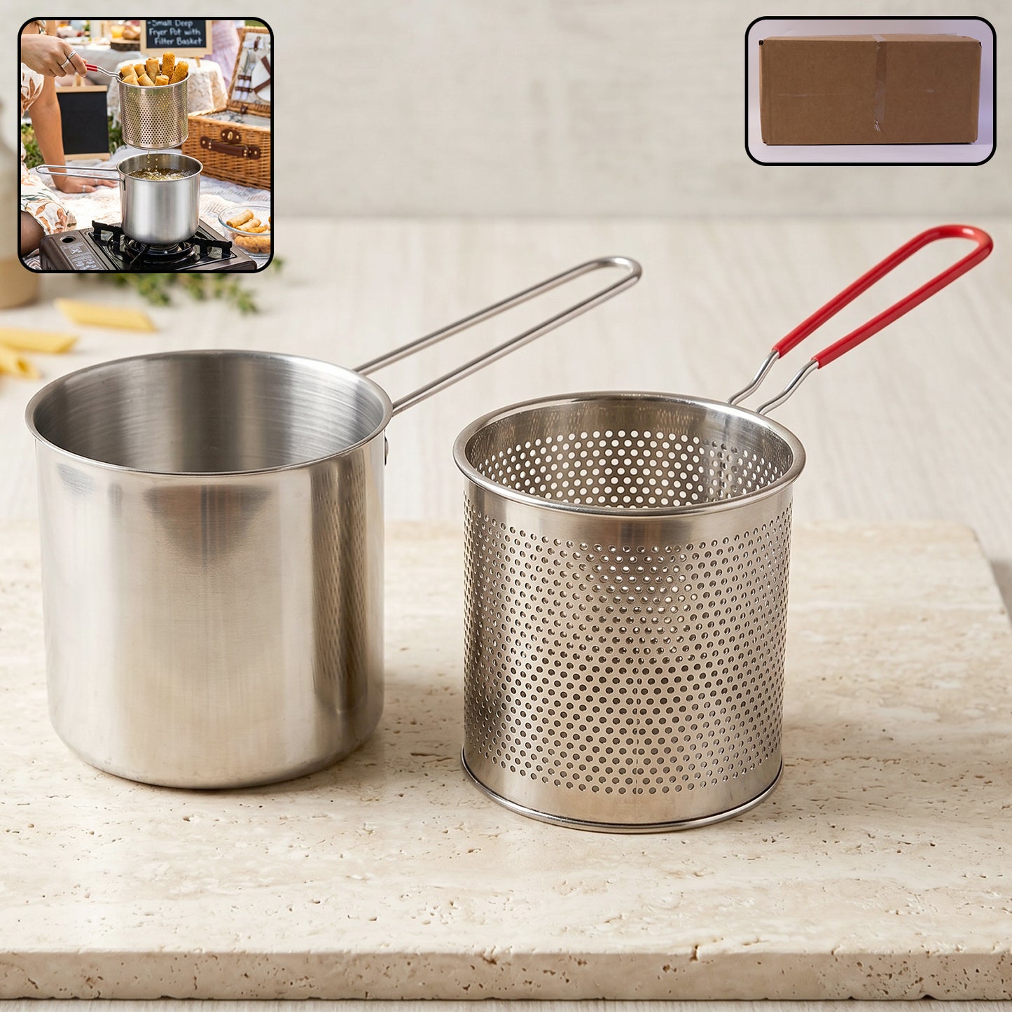 Wukusy stainless steel deep frying pot with strainer basket set for kitchen, showing the pot, handle, and basket inside.