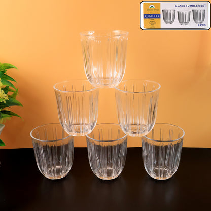 Six transparent glass tumblers with 256ml capacity by Wukusy, arranged on a kitchen countertop for home use.