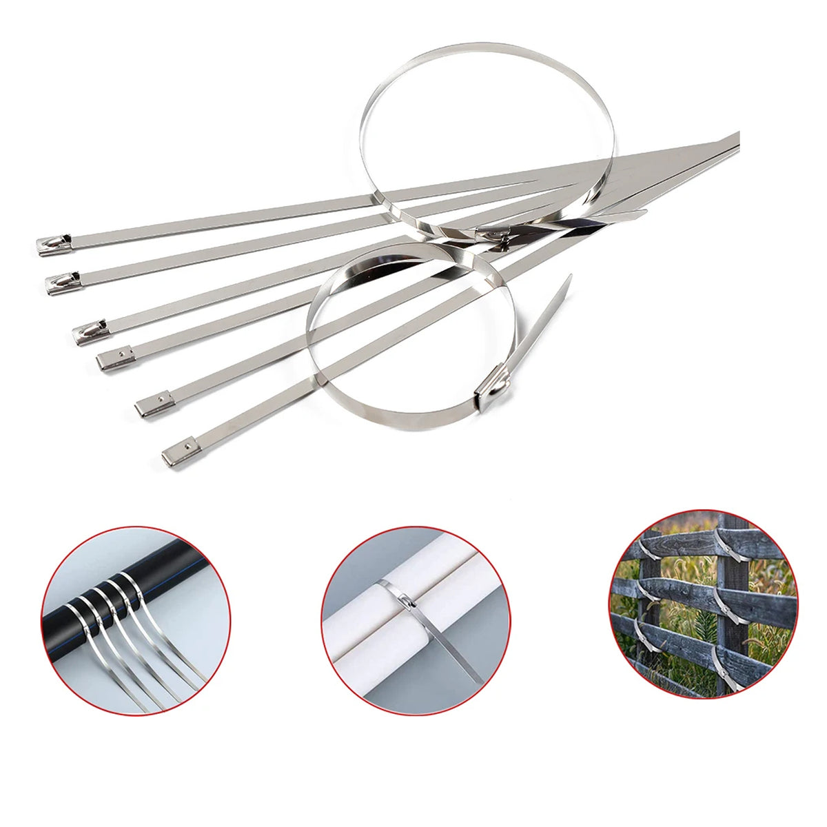 Set of 100 stainless steel cable ties by Wukusy, 4.6x200mm, rustproof, high-strength self-locking zip ties for solar, industrial, and home use