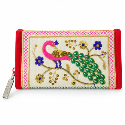 Wukusy traditional peacock embroidered clutch wallet with zip, featuring colorful peacock design and compact 11x20 cm size.