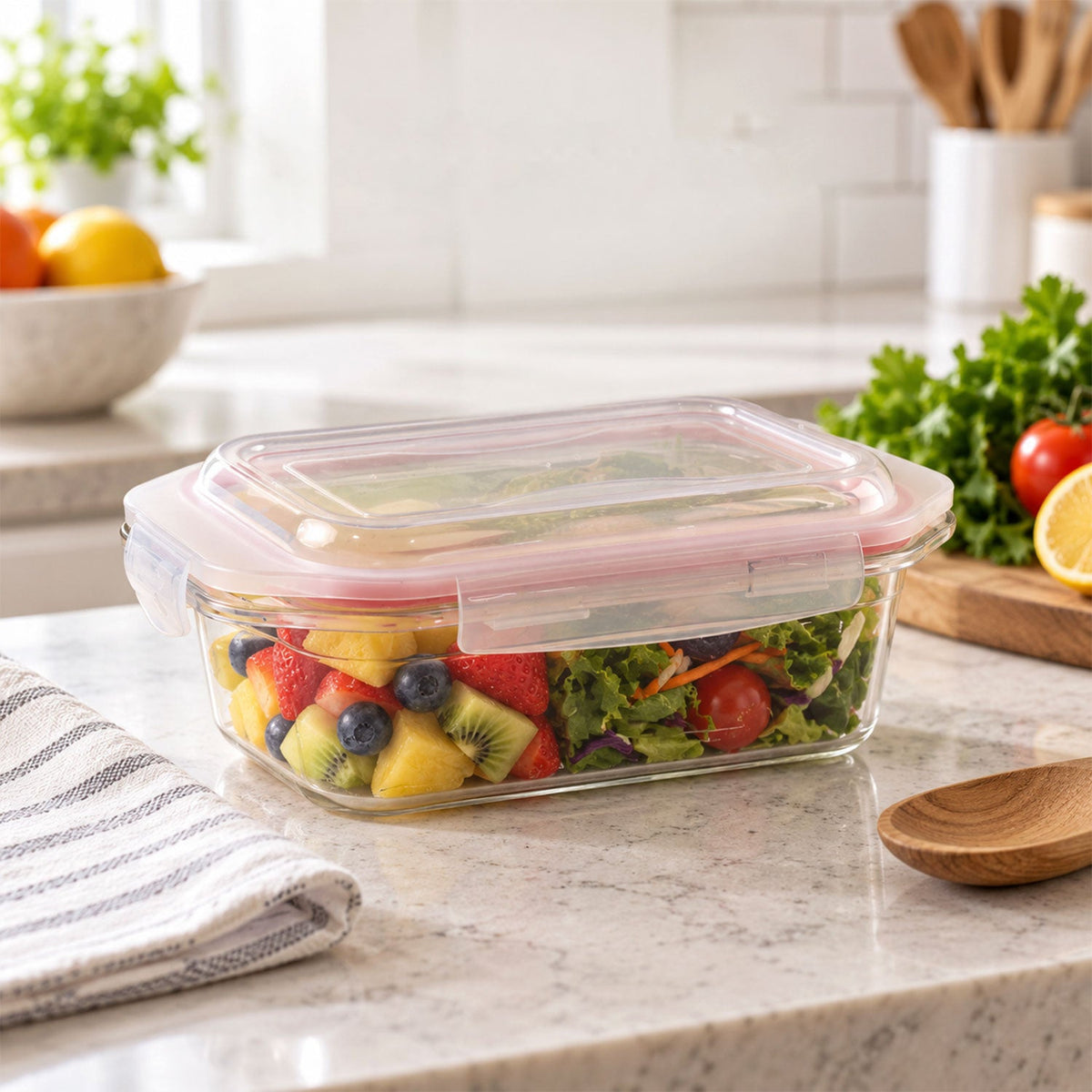 Wukusy plastic airtight food storage container with clip lock lid, 1200ml, for kitchen organization and freshness.