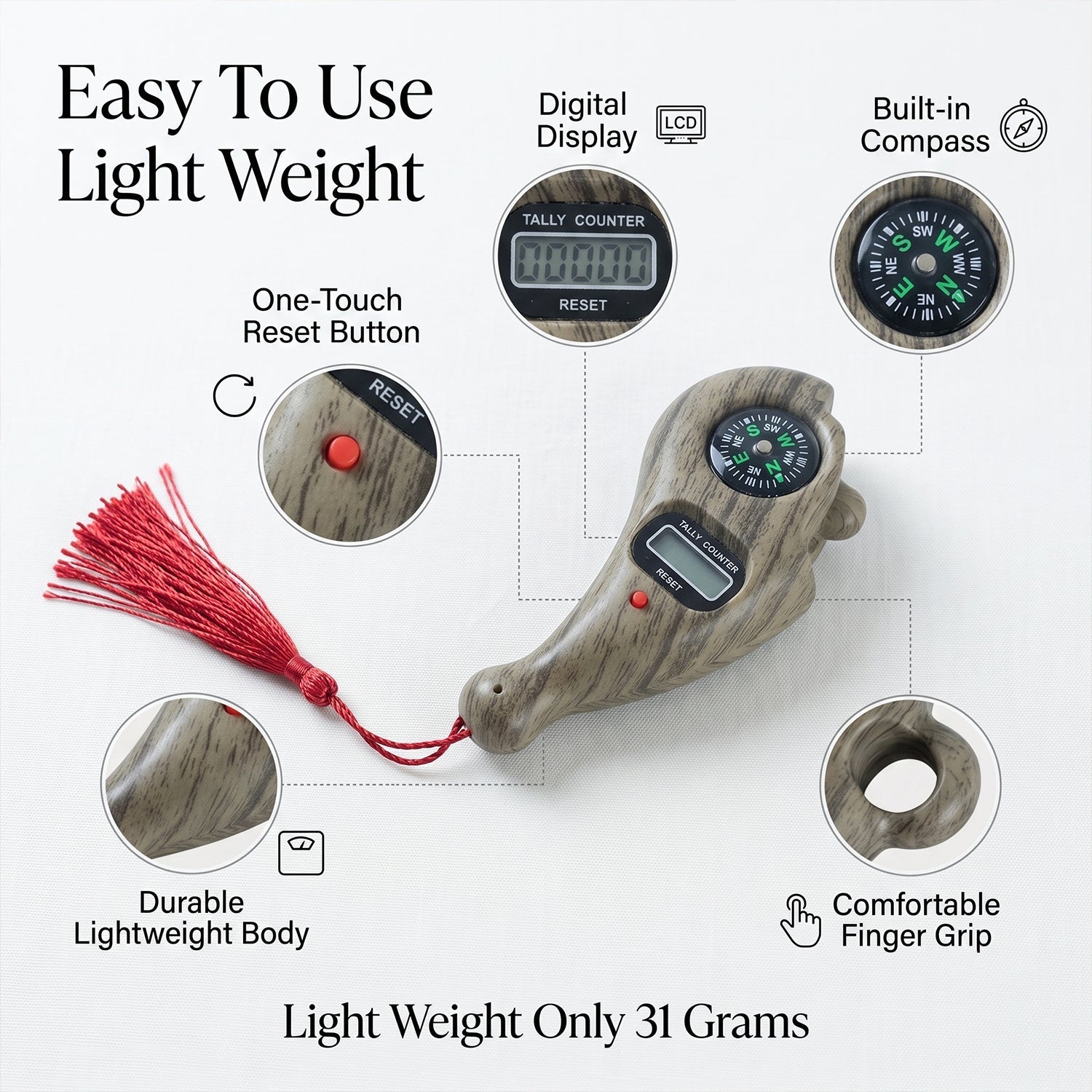 Wukusy wooden digital tasbih counter with LCD display, handheld mantra jaap counter, includes built-in compass for spiritual practice.