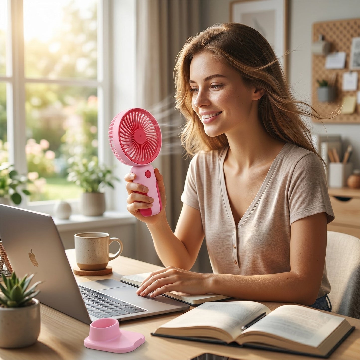 Wukusy mini handheld rechargeable personal fan with stand, portable USB desk fan shown in the image.