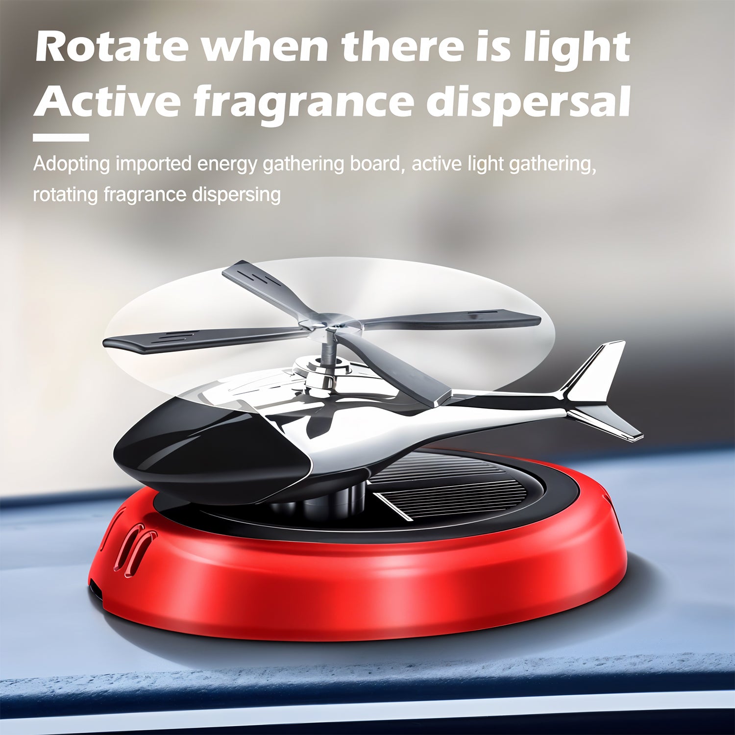 Wukusy solar-powered rotating helicopter car air freshener hanging from a vehicle interior