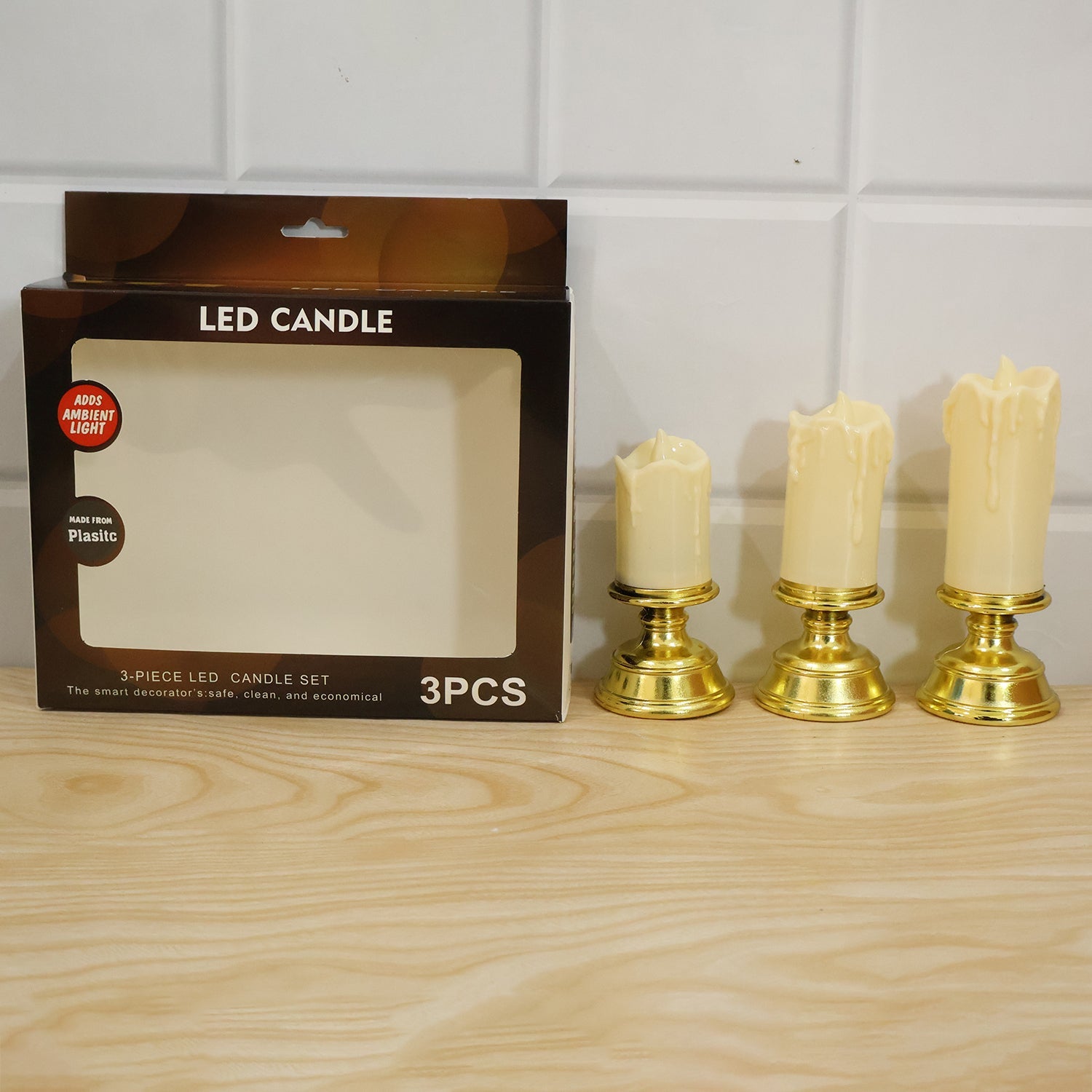 Set of three plastic flameless LED candles with pedestal stands, decorative LED candles by Wukusy for home decor.
