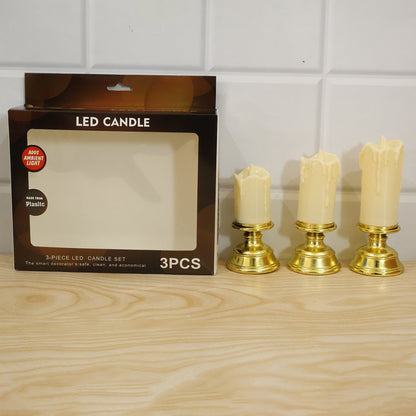 Set of three plastic flameless LED candles with pedestal stands, decorative LED candles by Wukusy for home decor.
