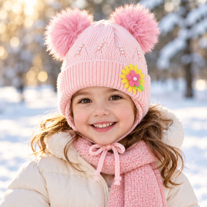 Kids Soft Knitted Winter Caps With Twin Pom Poms And Floral Detail (1 Pc)