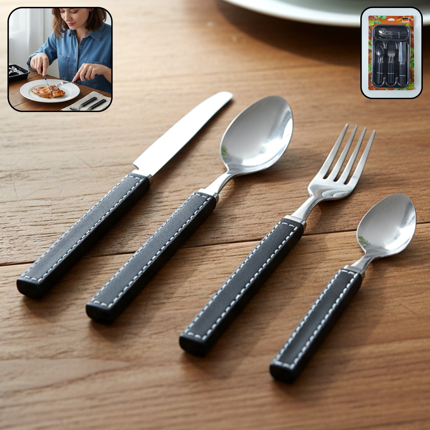 Wukusy 24-piece stainless steel kitchen cutlery set with plastic handles and tray, including knives, forks, and spoons arranged on the tray