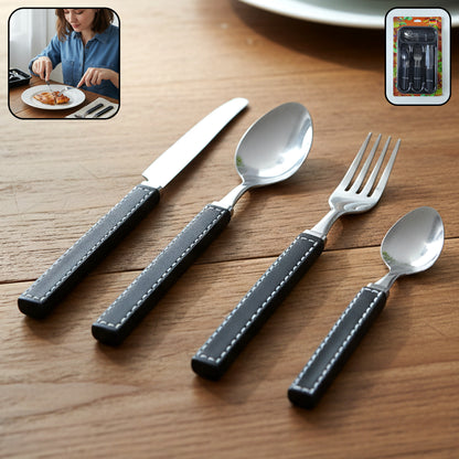 Wukusy 24-piece stainless steel kitchen cutlery set with plastic handles and tray, including knives, forks, and spoons arranged on the tray