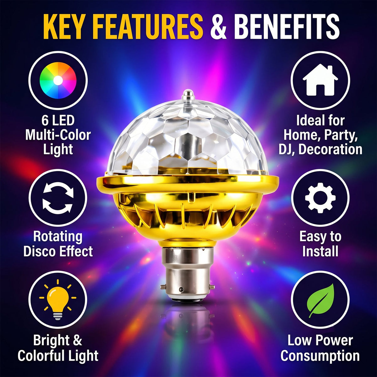 Rotating Multicolour Led Disco Party Bulb With B22 Base For Home (1 Pc)