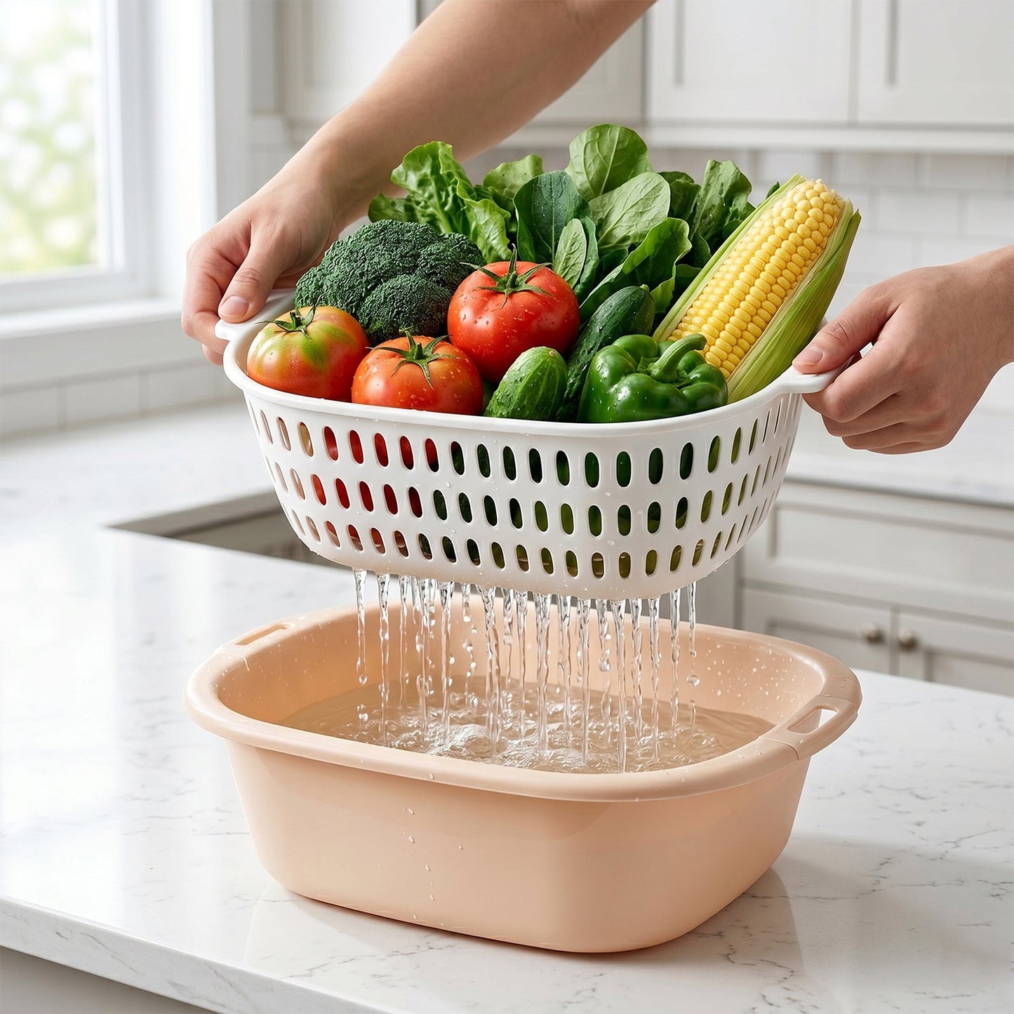 2 In 1 Plastic Double Drain Basket Strainer Washing Bowl Colander (2 Pc Set)