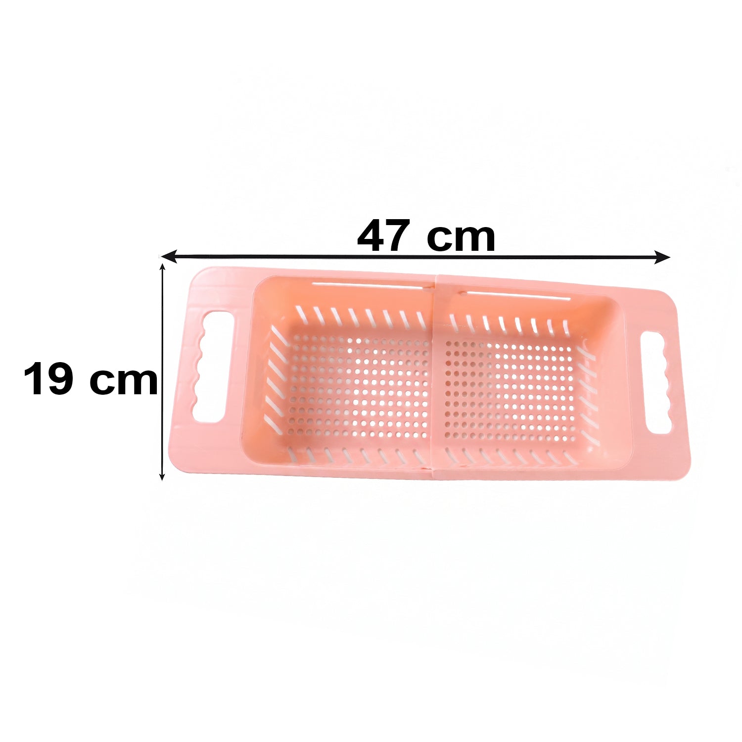 Wukusy adjustable plastic over-the-sink drain basket colander with handles for draining fruits and vegetables.