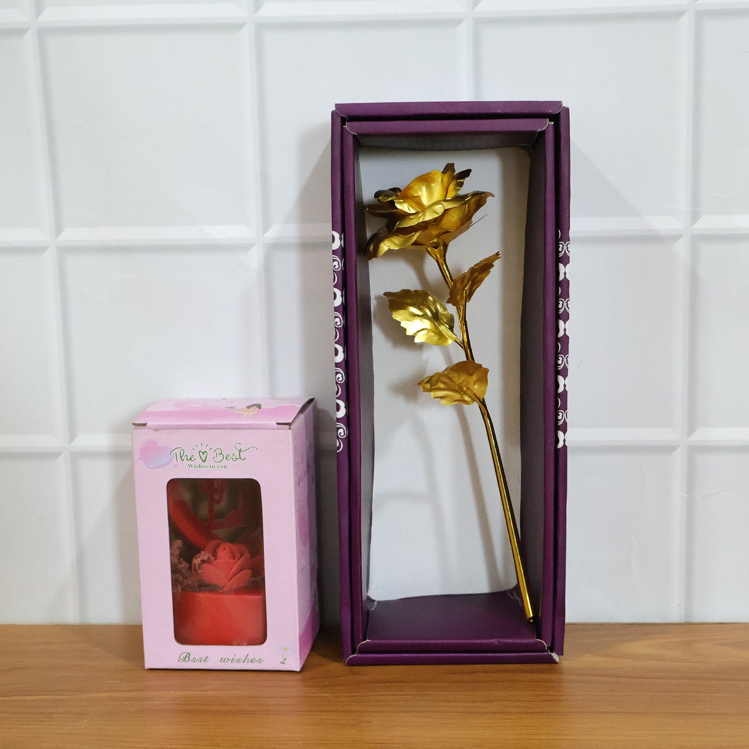 Heart Love Decorative Showpiece With Golden Rose Flower Gift Set (2 Pc)