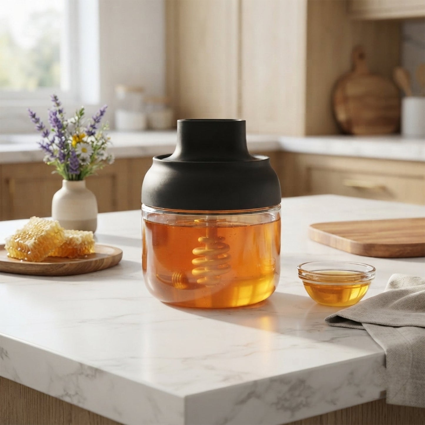 Round Glass Jar Oil And Honey Dispenser With Dipper 280 Ml For Home Kitchen (1 Pc)