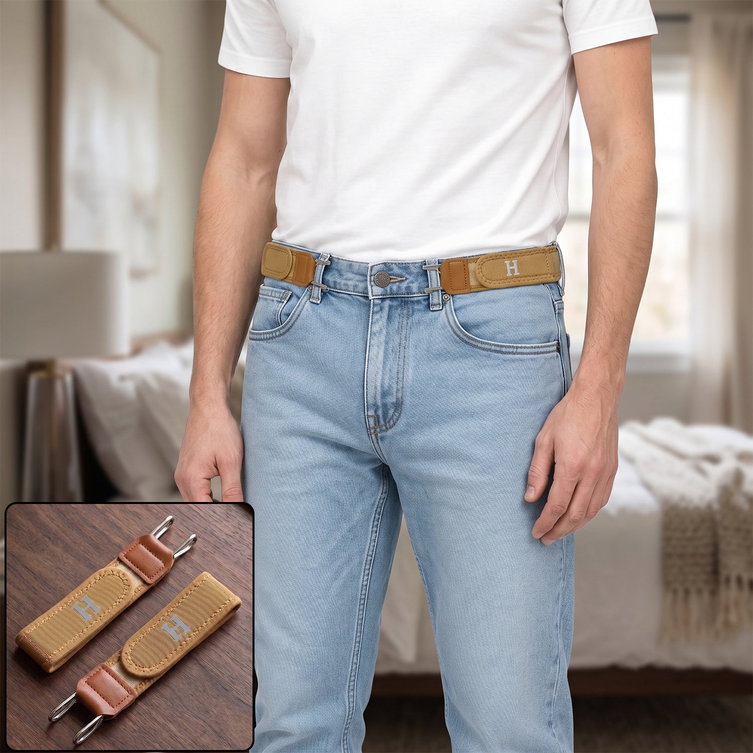 Adjustable Buckleless Elastic Waist Belt Hooks For Jeans And Trousers (2 Pc Set)