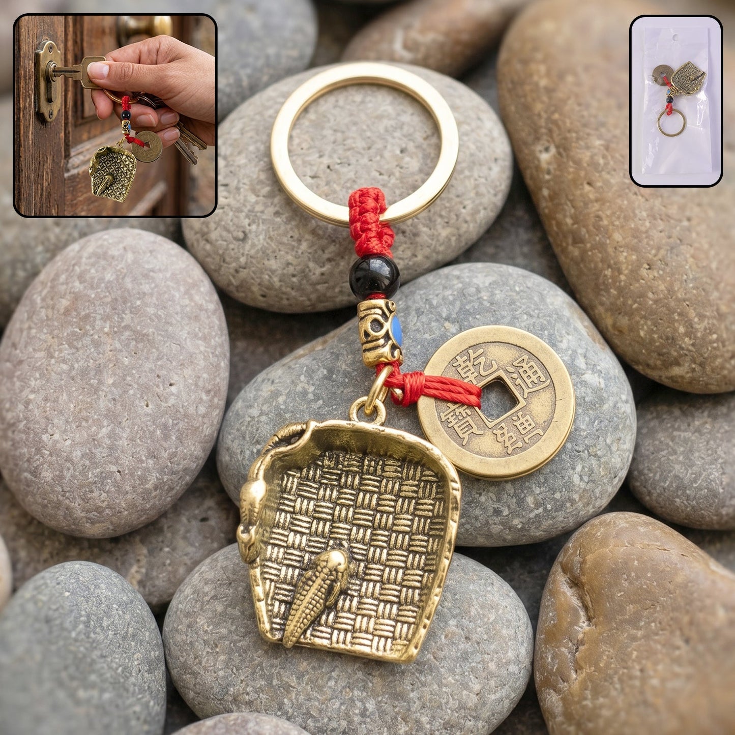 Copper Plated Dustpan Pendant Keychain Feng Shui Lucky Coin Bag Charm (1 Pc)