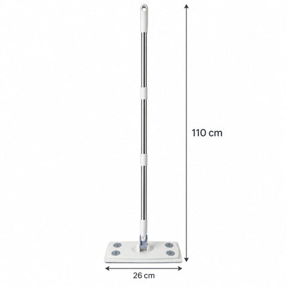 Wukusy rotating flat mop with sectional rod and cloth clips, 110 x 26 cm, showing the mop head and adjustable handle for cleaning.