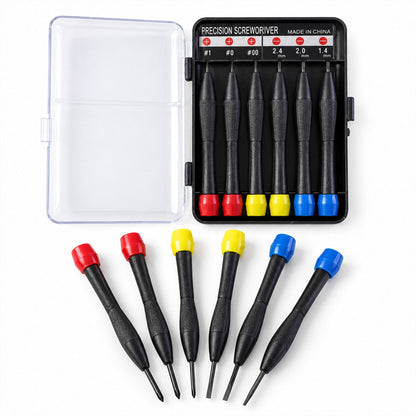 Wukusy six-piece precision screwdriver hand tool kit for electronics and small repairs, featuring various screwdrivers on a white background.