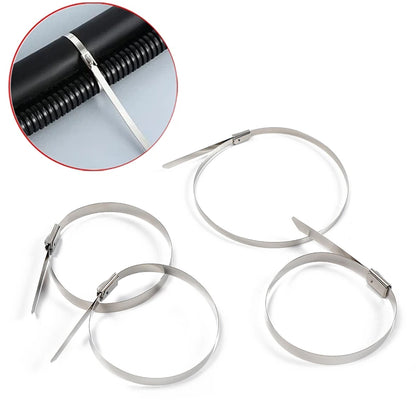 Wukusy stainless steel cable ties for solar, industrial, and home use, 4.6x200mm, rustproof, high strength, 100-pack.
