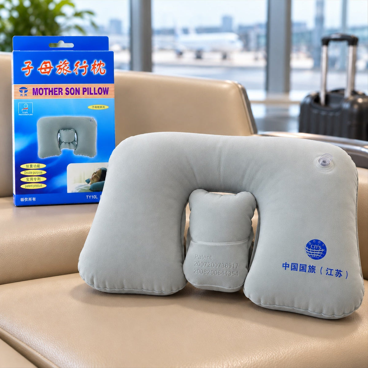 Wukusy inflatable travel neck pillow for flights and train trips, soft and supportive seated rest cushion in gray color