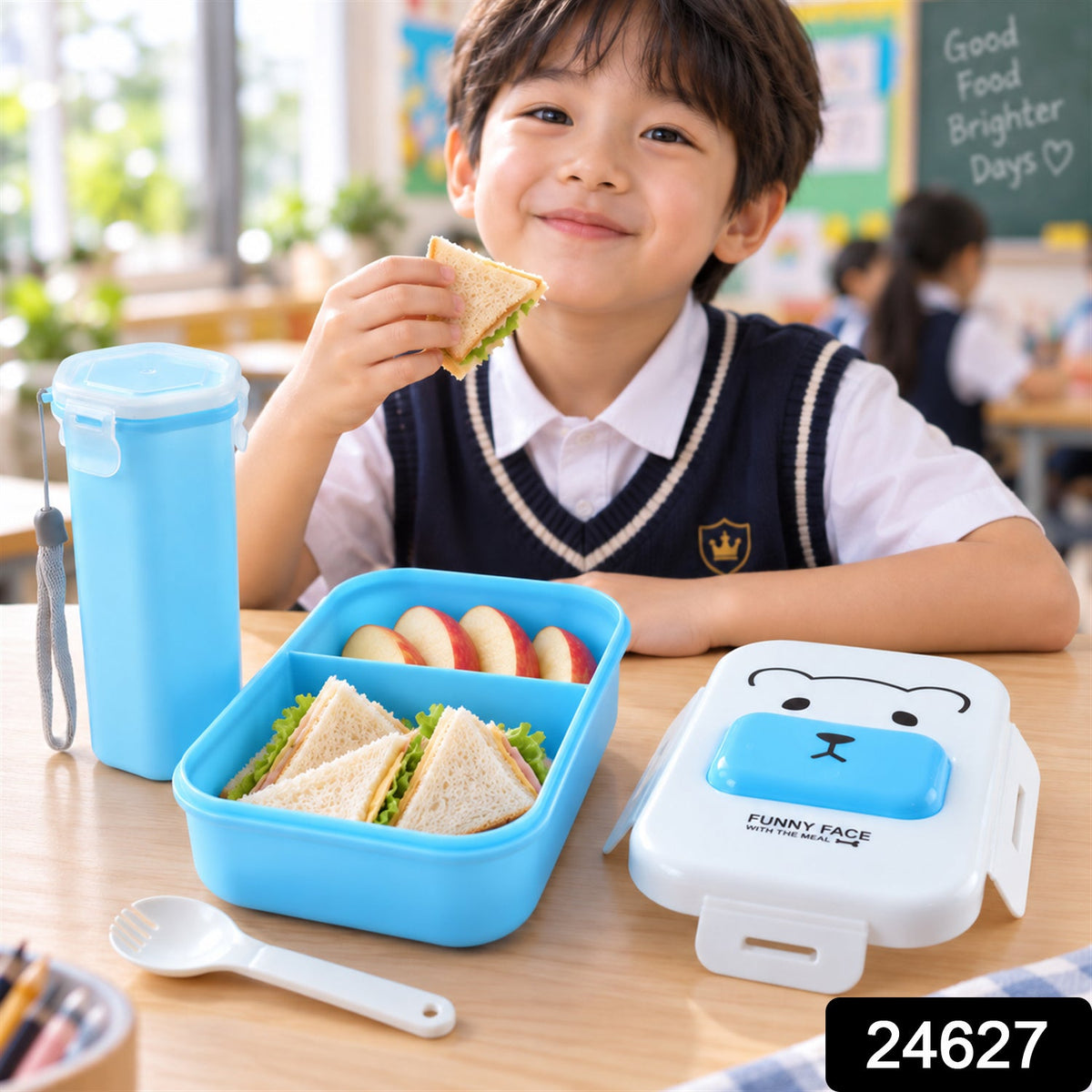 Wukusy kids lunch box set with water bottle and spoon for school, featuring colorful compartments and a secure lid.