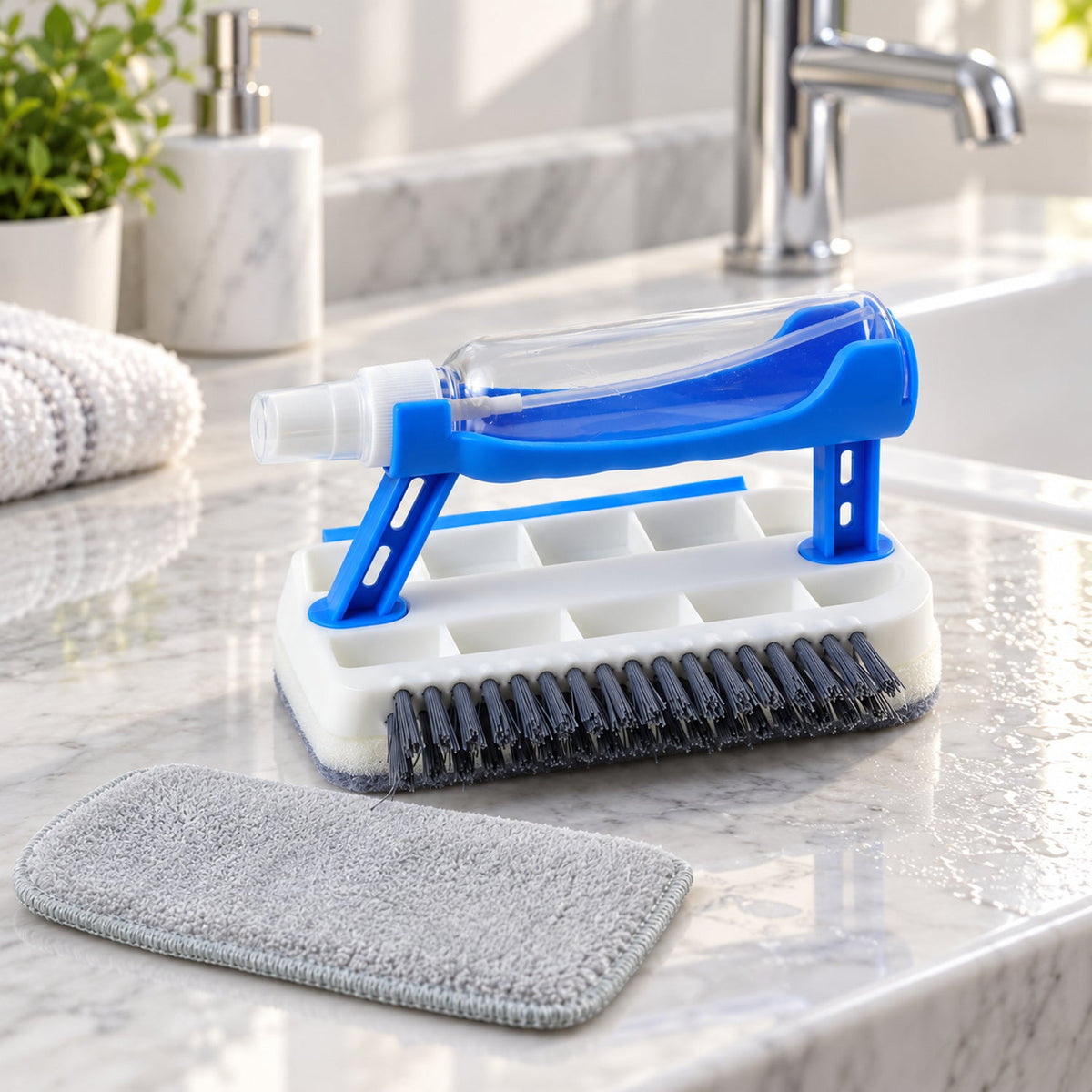 Wukusy 5-in-1 multipurpose cleaning brush with spray squeegee and wiping pad for versatile cleaning tasks