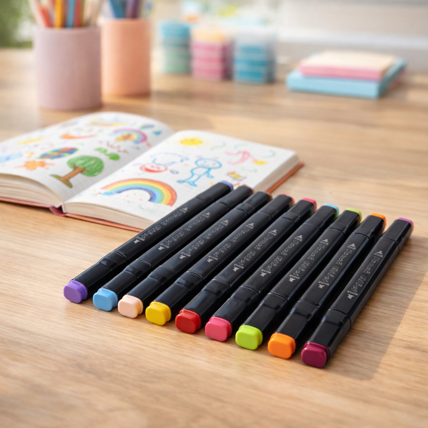 Wukusy 24-piece dual tip sketch marker pen set with colorful markers and storage pouch, displayed arranged on a flat surface.