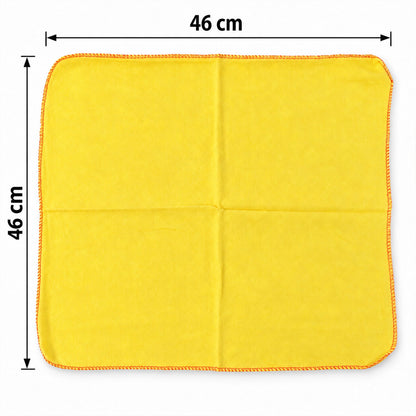 Yellow cotton duster cloths for home and kitchen cleaning, 3-pack, 46x46 cm, by Wukusy, shown in a clean, organized setting.