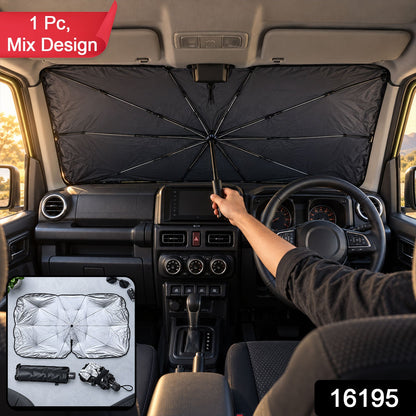 Mix Design Car Windshield Umbrella Sunshade With Compact Storage Sleeve (1 Pc)