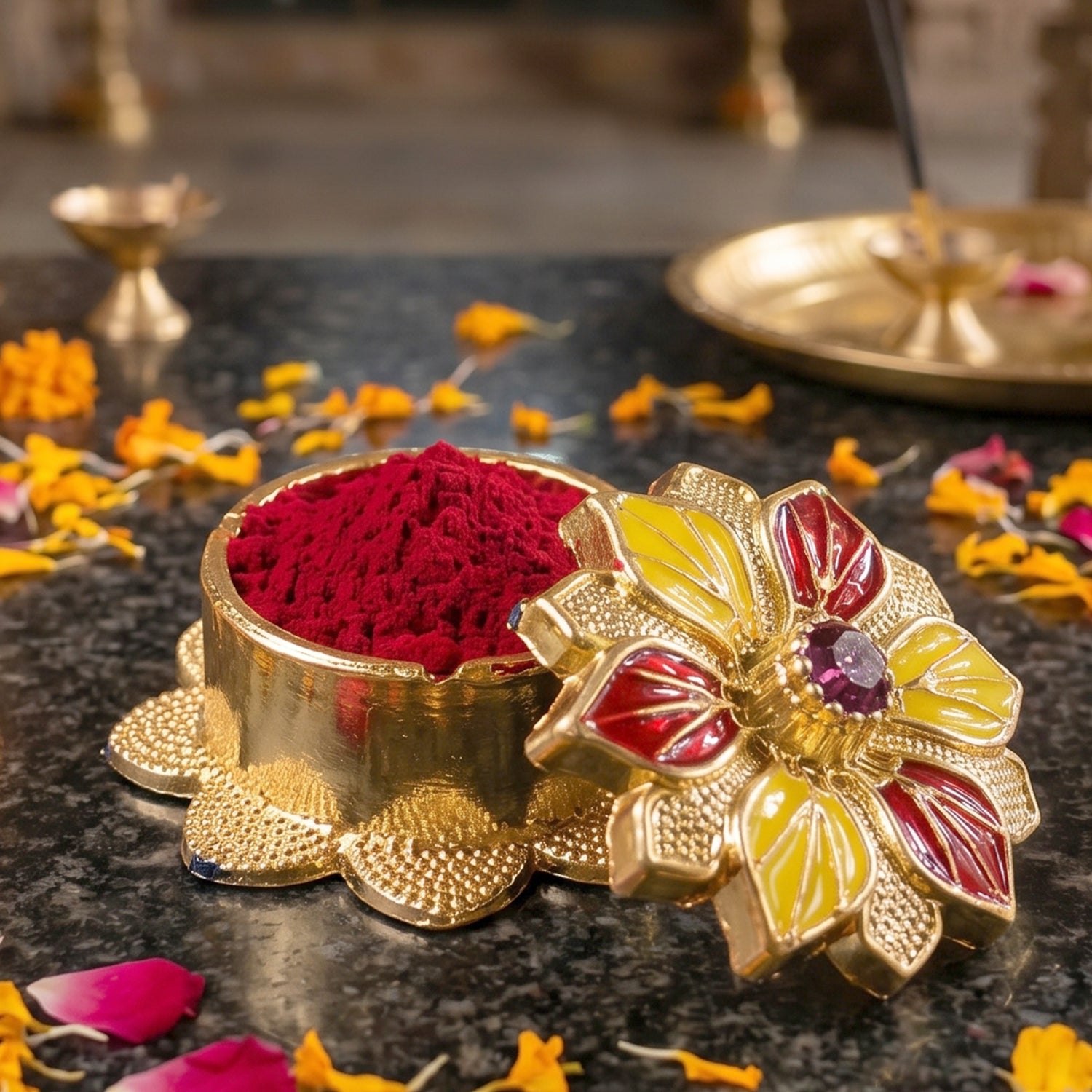 Decorative Golden Kankavati Kumkum Box Traditional Sindoor Holder Pooja (1 Pc)