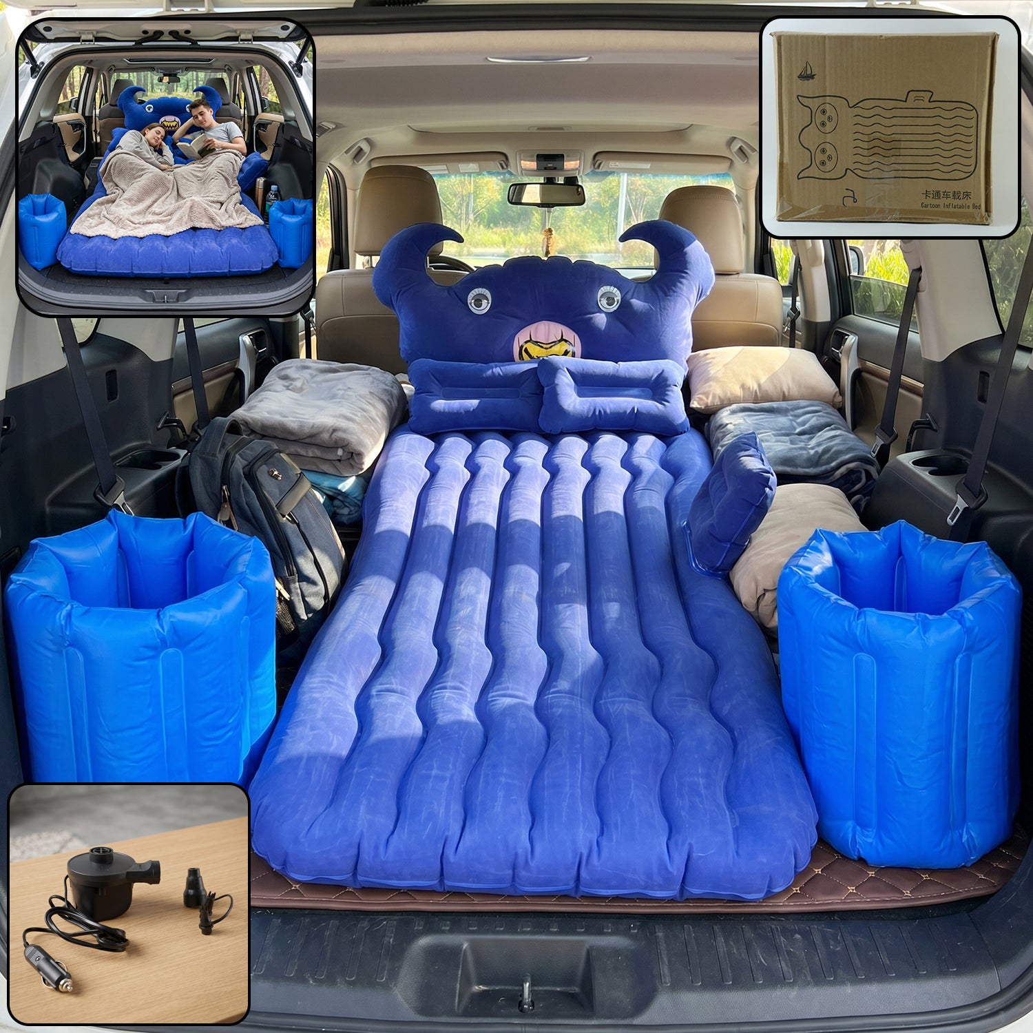 Wukusy car air mattress bed set with inflatable cushions and pump, showing the folded mattress and accessories for vehicle camping.
