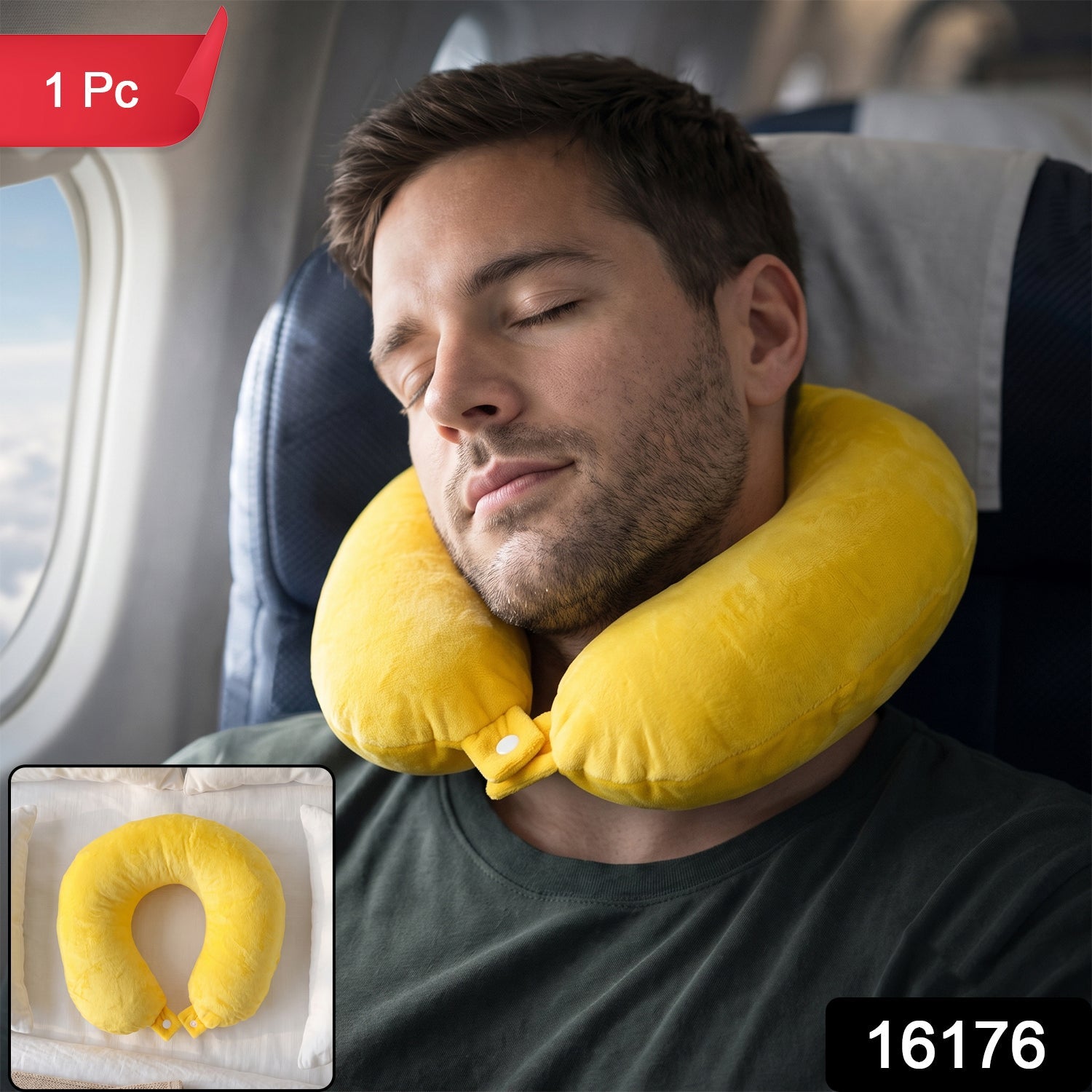 Wukusy soft U-shaped travel neck pillow supporting head and neck during flights, ideal for comfortable travel.