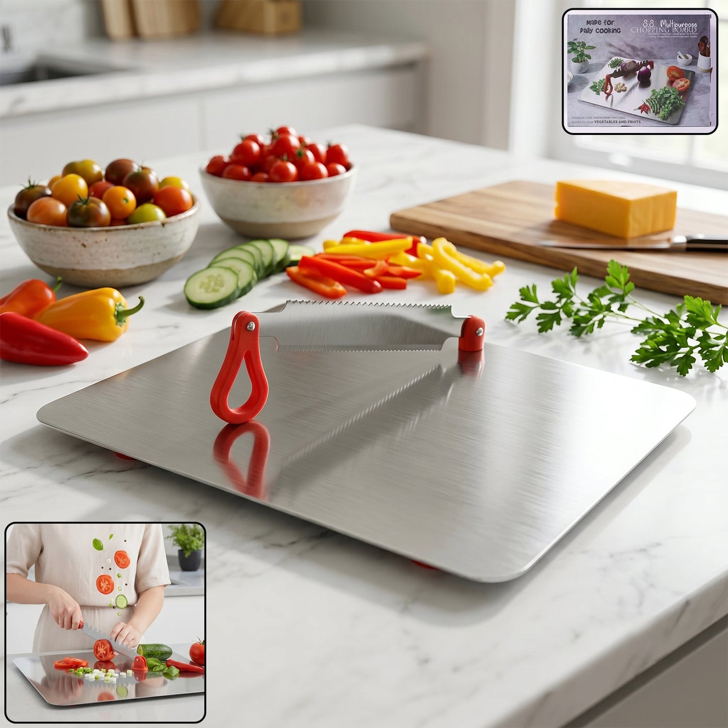 Stainless steel Wukusy multipurpose chopping board with hygienic and durable surface, suitable for kitchen food preparation.