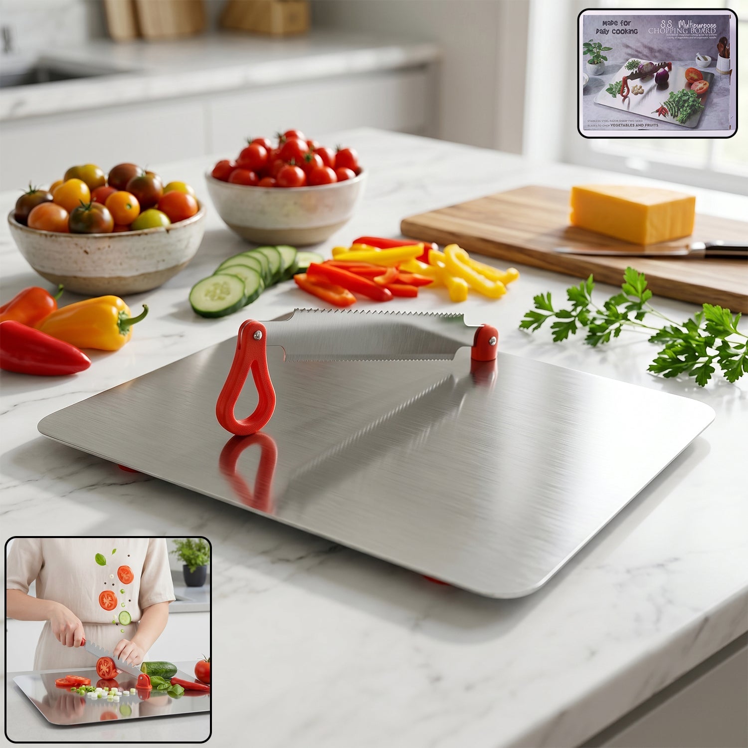 Stainless steel Wukusy multipurpose chopping board with hygienic and durable surface, suitable for kitchen food preparation.