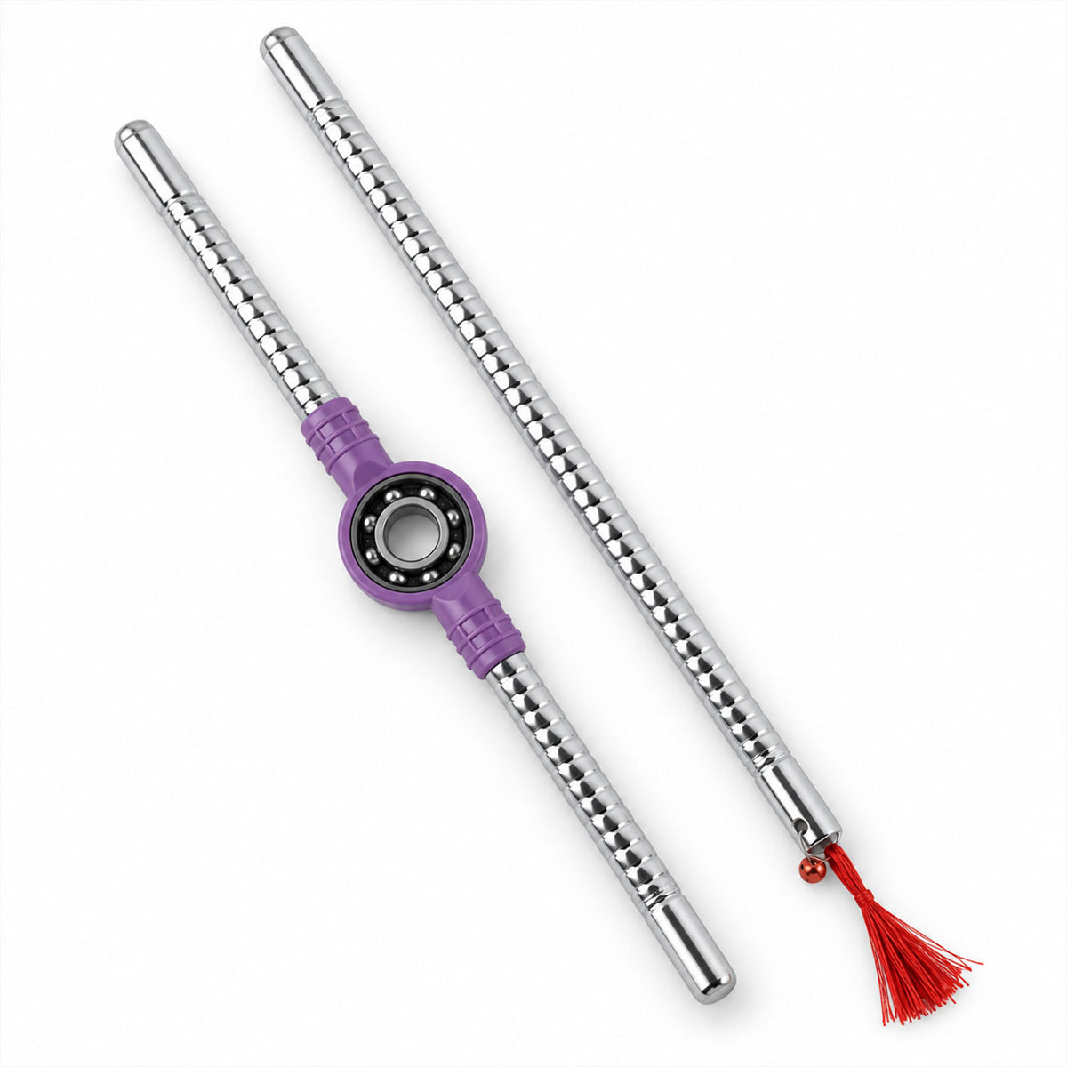 Pair of Wukusy steel dandiya sticks with textured grip, bearing center, and attached tassels for traditional dance.