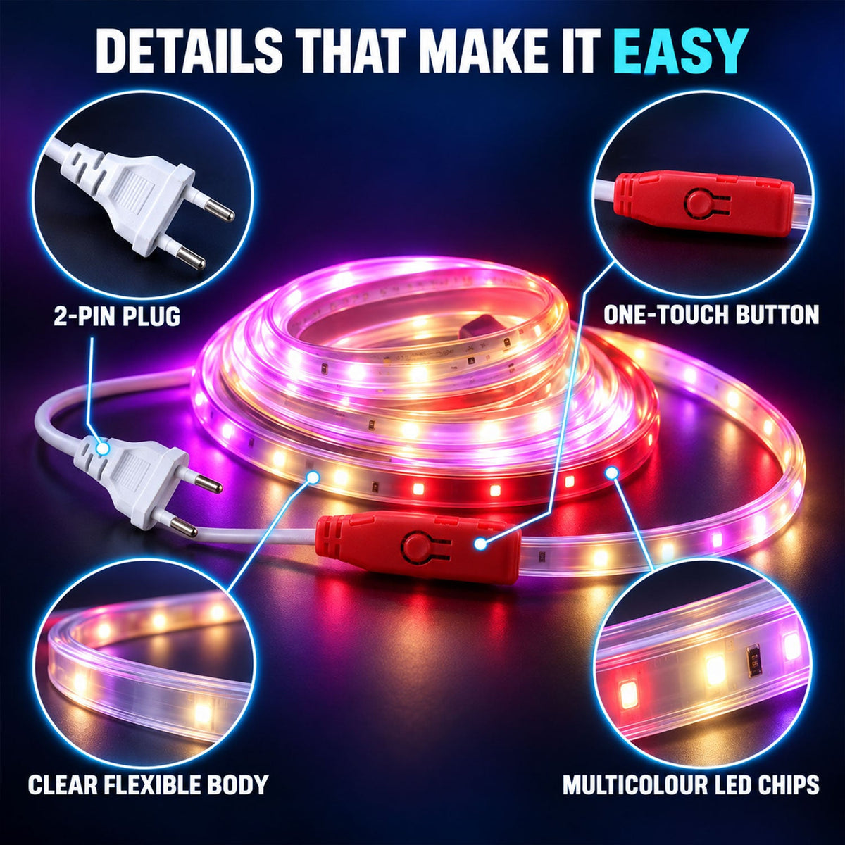 RGB decorative LED running rope light with inline controller, ideal for home room decor by Wukusy.