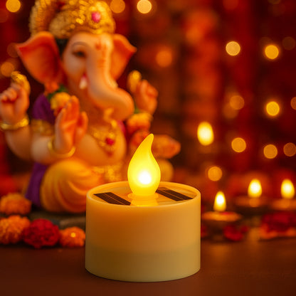 Wukusy solar-powered LED flameless candle light emitting a warm, flickering glow, ideal for decorative and outdoor use.