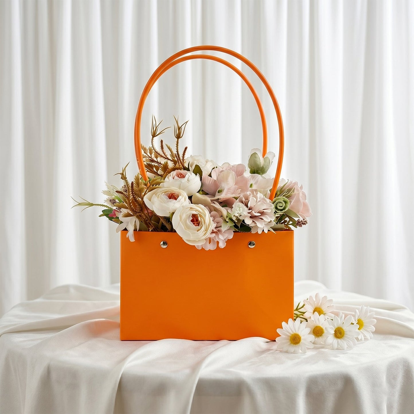 Foldable flower packaging bag with handle for bouquets and gifts, by Wukusy, shown open and ready for floral arrangements.