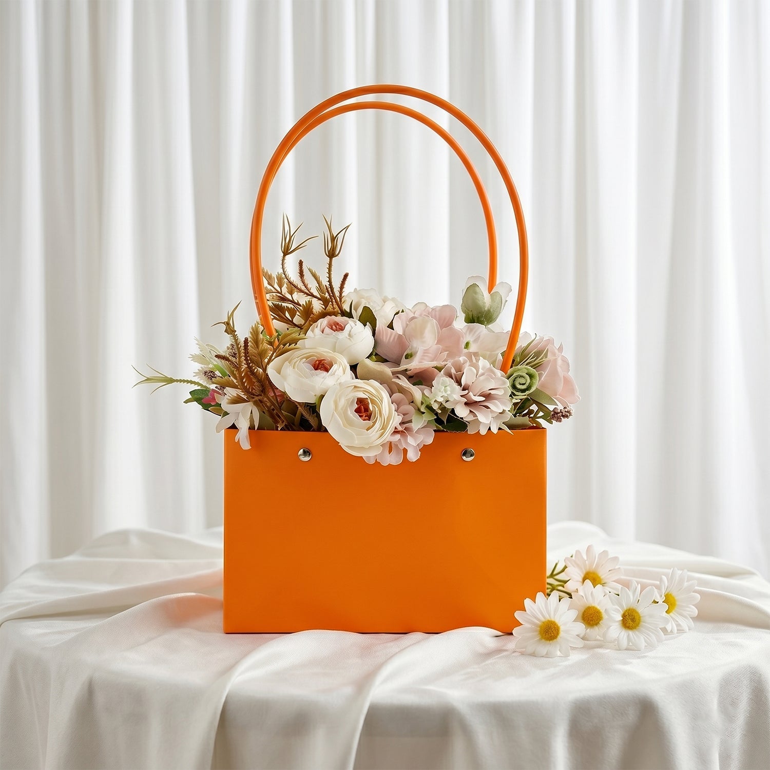 Foldable flower packaging bag with handle for bouquets and gifts, by Wukusy, shown open and ready for floral arrangements.