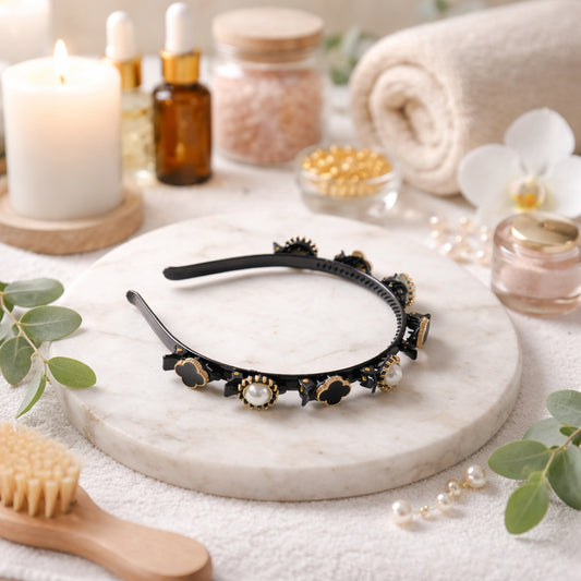 Black and gold finish Wukusy decorative headband with stylish design, perfect for adding elegance to hair accessories.