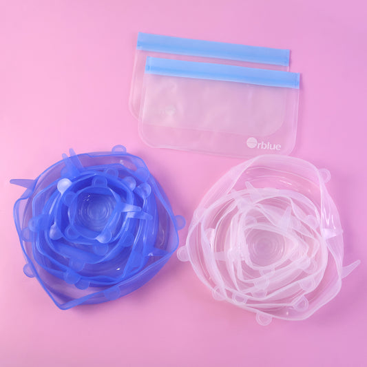 Wukusy 12-piece reusable stretch food lids set with two storage pouches, flexible silicone covers for food preservation.